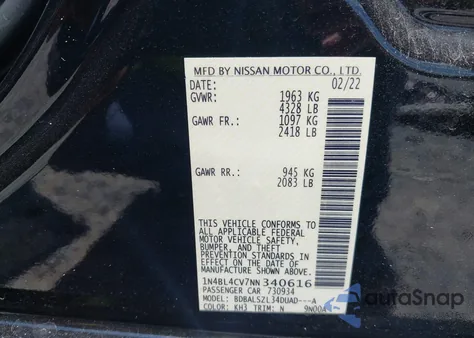 2022 Nissan Altima Sr Fwd from USA, damaged, VIN 1N4BL4CV7NN340616